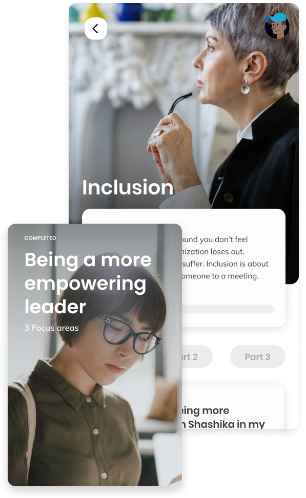 Two overlapping images. Image One: An older businesswoman looks out pensively. Text: Inclusion Image Two: A short-haired woman in glasses looks down, reading. Text: Being a more empowering leader (3 focus areas)